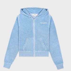 SPORTY & Rich Health Ivy Velour Zipped Hoodie Sky Blue White Logo $195 Large